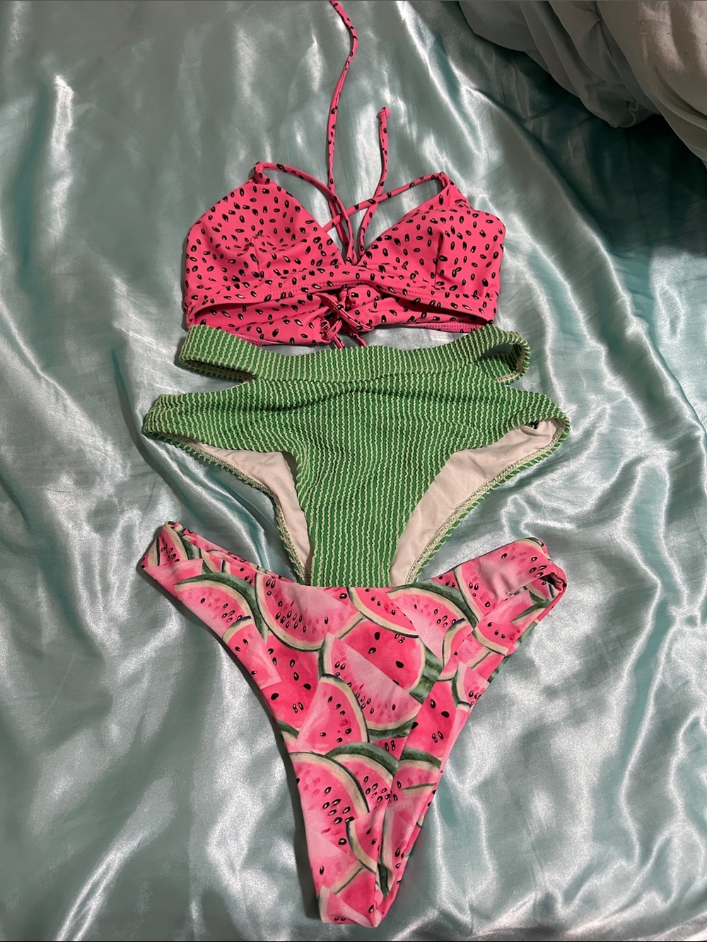 Pink & Green Watermelon Three-Piece Bikini Set